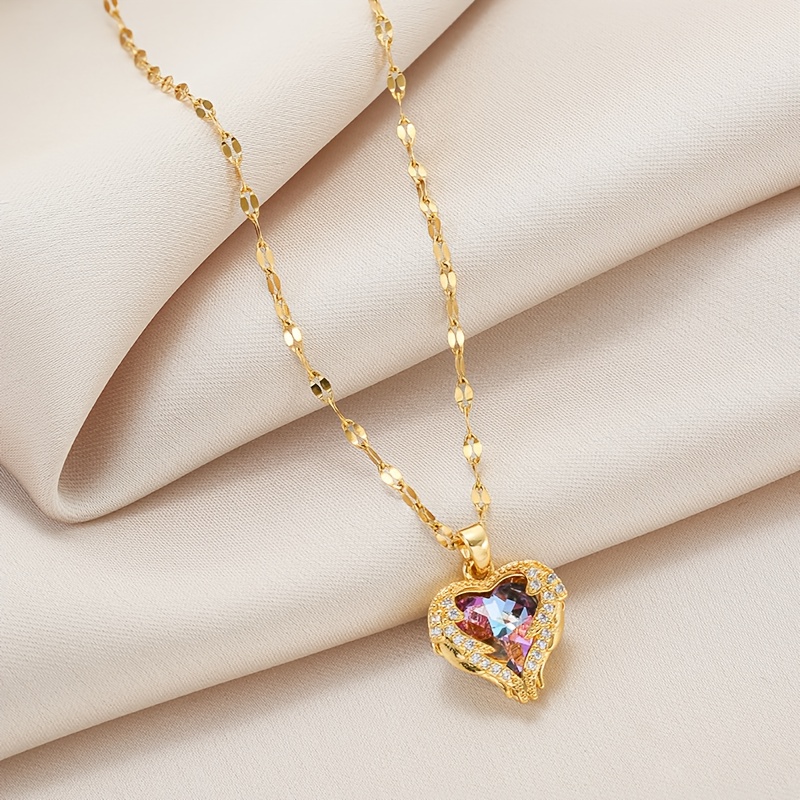 E-shop [Damen Schmuck] Eine zarte, modische und elegante goldene Edelstahl-Halskette mit kreativem Design, Herz-Dekoration, Anhänger, Luxus-, einfacher