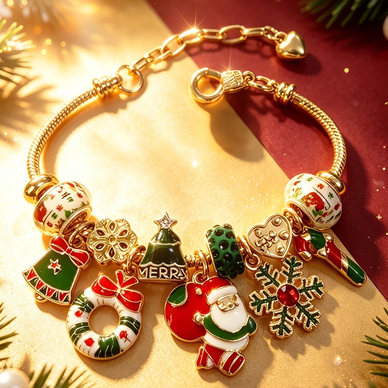 TEMU Christmas Edition Bead Snake Bracelet, Santa Claus/christmas Tree/bell/snowflake/wreath/candy Cane/pendant Golden Adjustable Men's Women's