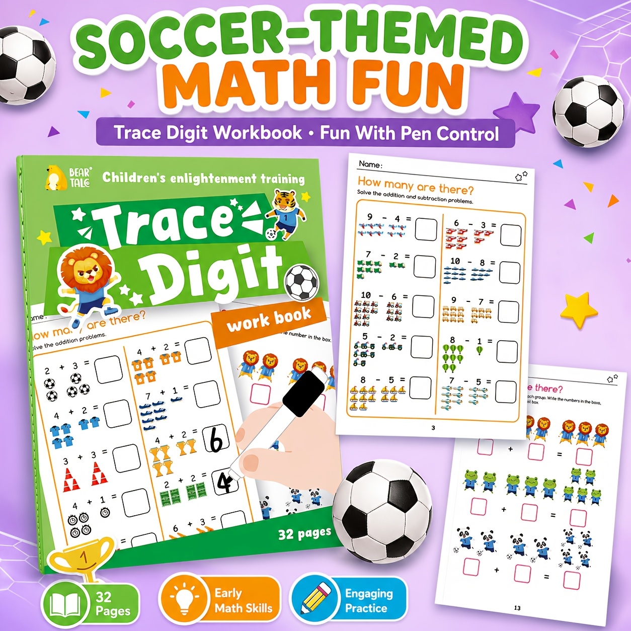 imagen del artículo bear tale cuaderno de ejercicios de matemáticas preescolares para niños de 3+ años, libro de práctica de 32 páginas con temática de fútbol para   números y practicar  , libro de escritura temprana para preparación de jardín de  , libro de aprendizaje preescolar con temática de fútbol