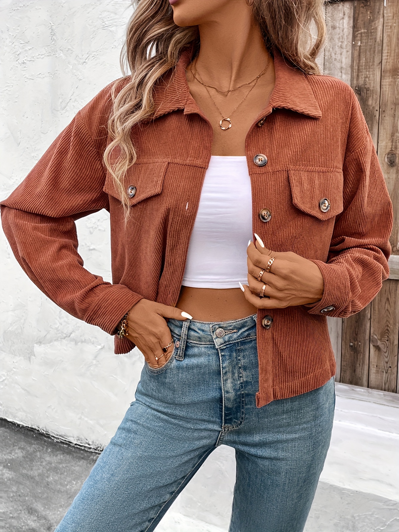 solid color button front jacket casual long sleeve jacket for spring fall womens clothing details 4