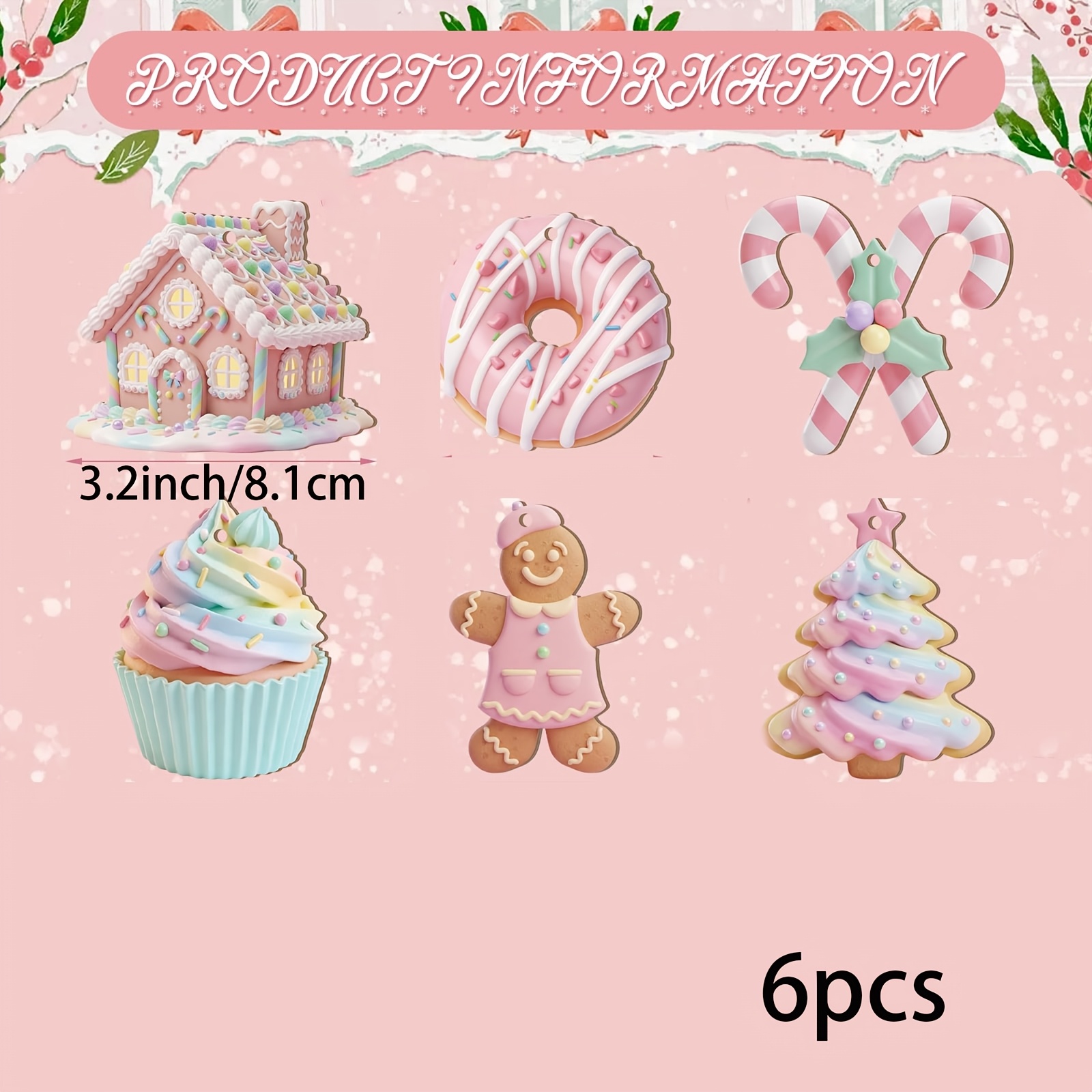 TEMU 6pcs Light Pink Gingerbread For Man Christmas Ornaments - Traditional Paper Hanging Decorations With Candy Suitable For Tree, Wreath, Gift,