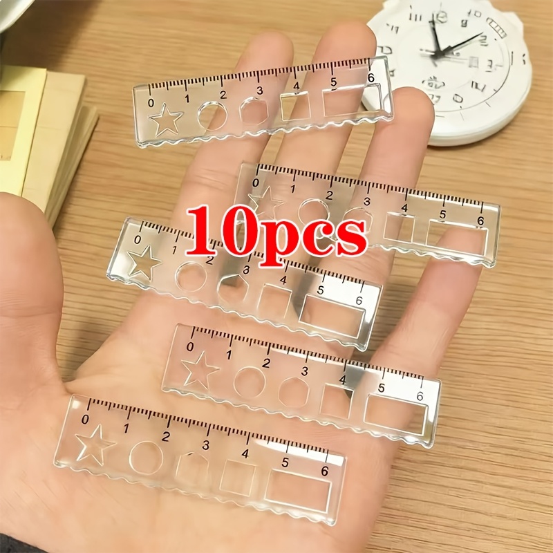 TEMU 10pcs Set Of Mini 6cm Transparent Plastic Rulers With Geometric Shape Templates + Wavy Edge, Portable For Homework, Drawing, Measuring, Student
