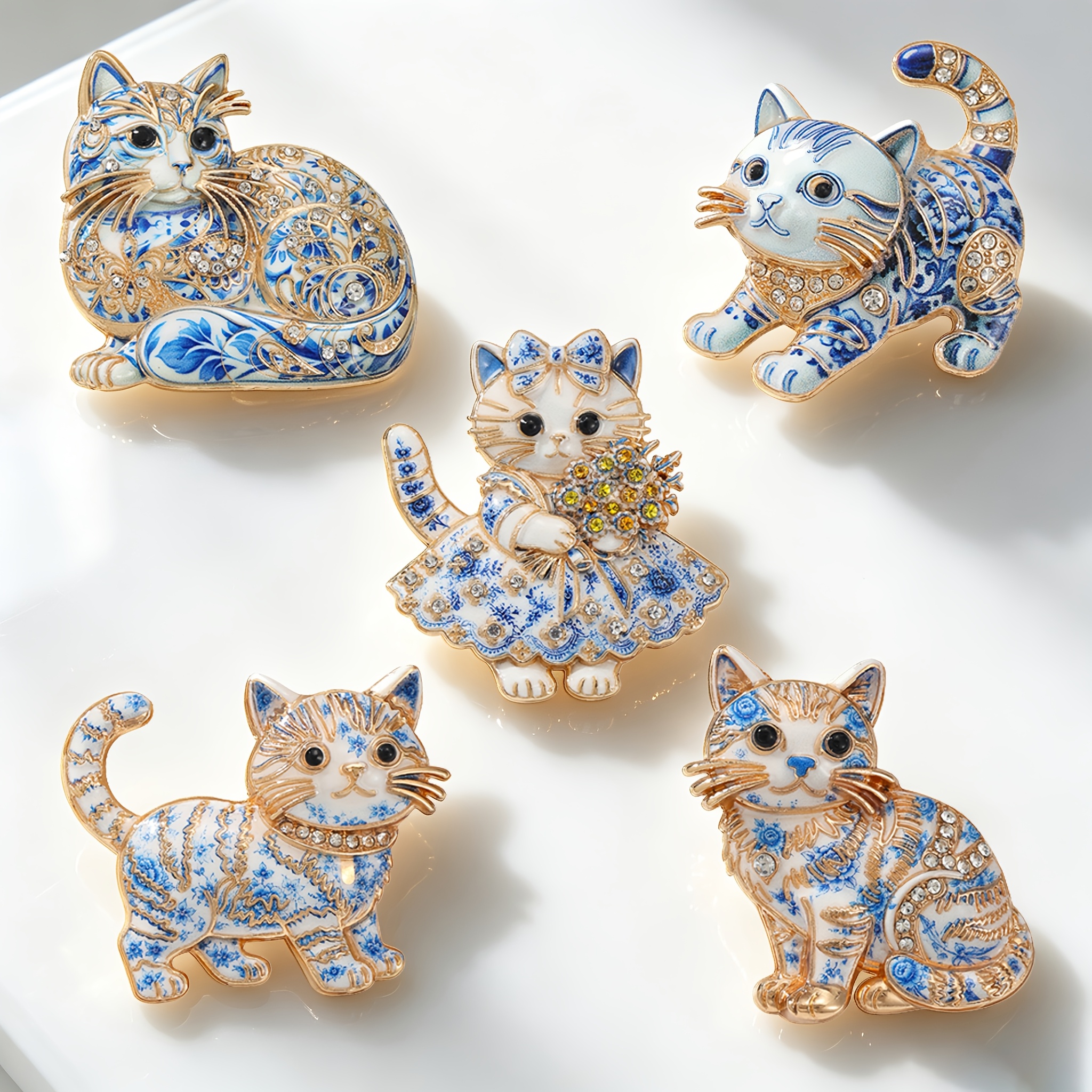 TEMU 5pcs Solevdo Enamel Rhinestone Brooch Set, Electroplated White Porcelain Pattern Cat Series With Crystal, Retro Cute Decorative Additions,