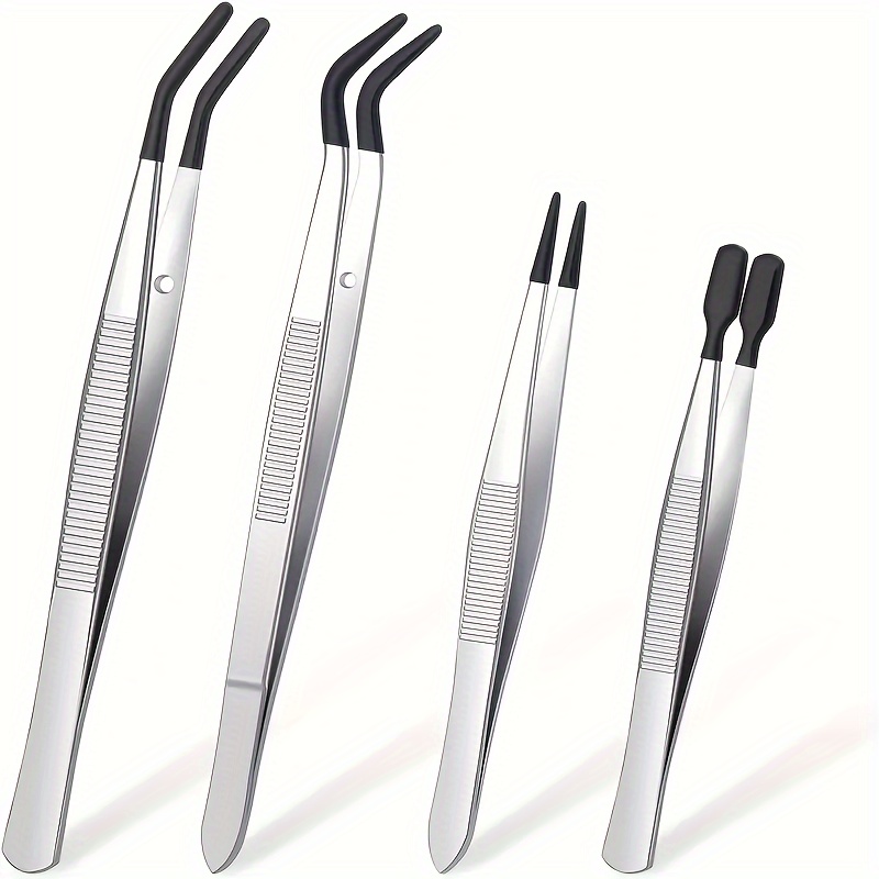 TEMU Tweezers 1/4pcs With Rubber Tips Tweezers Rubber Pvc Silicone Coated Non-marring Flat Tip Bent Tip Tweezers Tipped Tweezers Industrial Jewelry