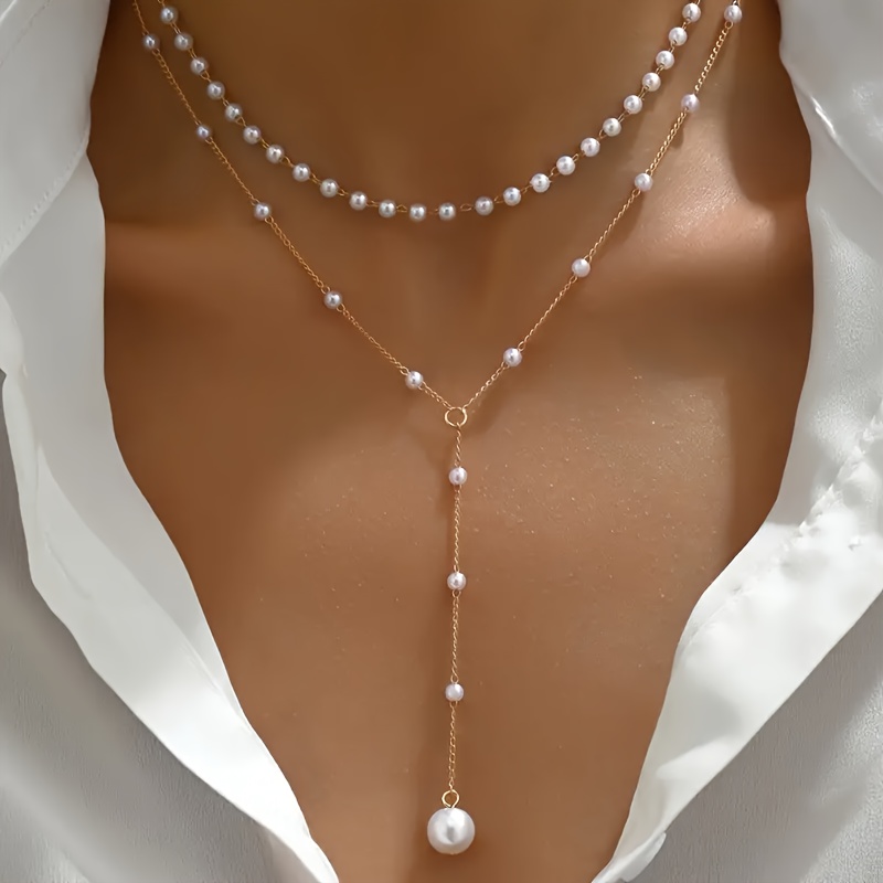 TEMU Un elegante collar con colgante de Y de capa con de perlas, un artículo de moda para mujeres, adecuado para fiestas , un regalo versátil para
