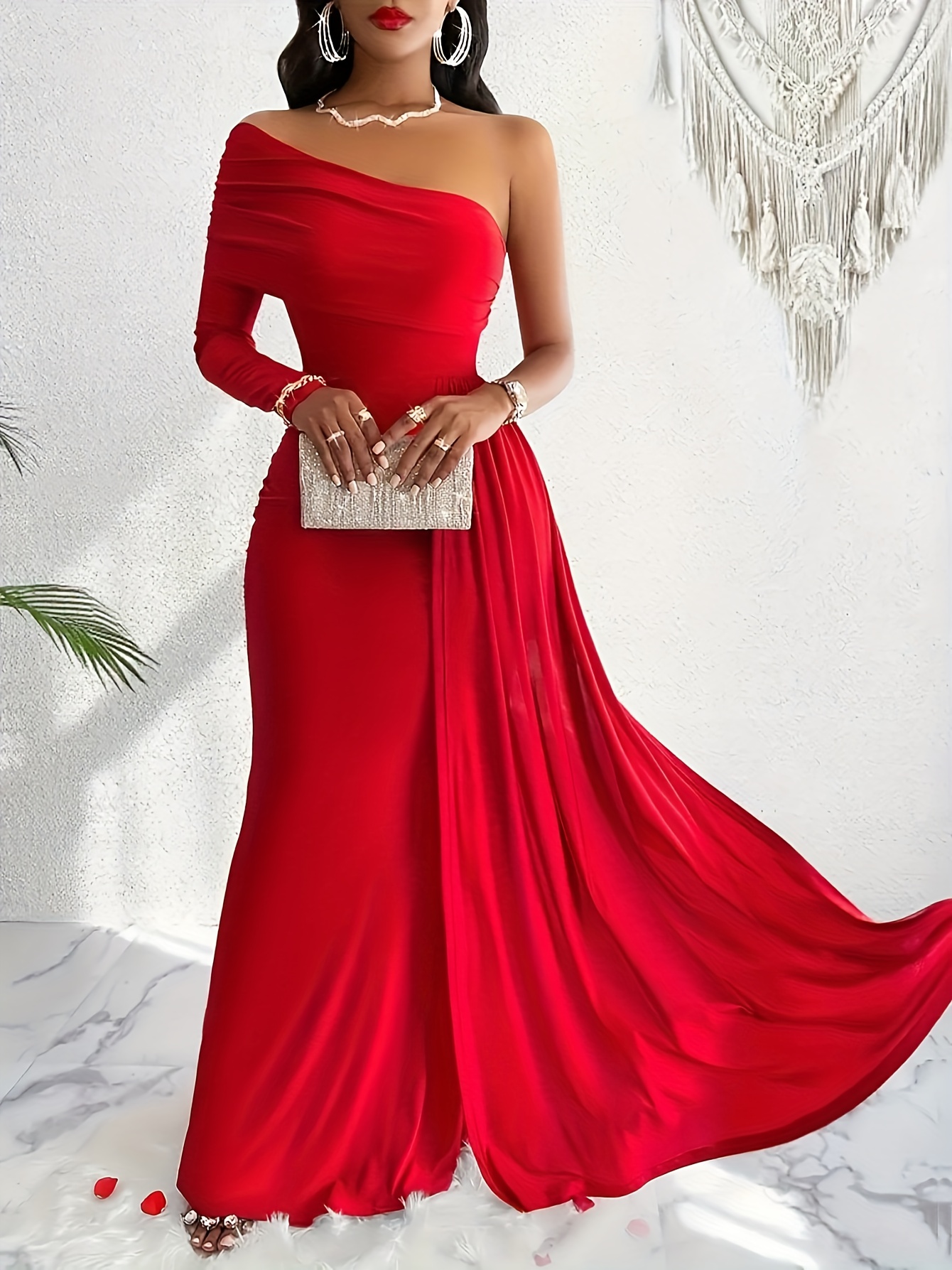 formal women's red off the shoulder dress for date night Burgundy Off The Purple Long Sleeve Prom Dresses 2021 main image 1