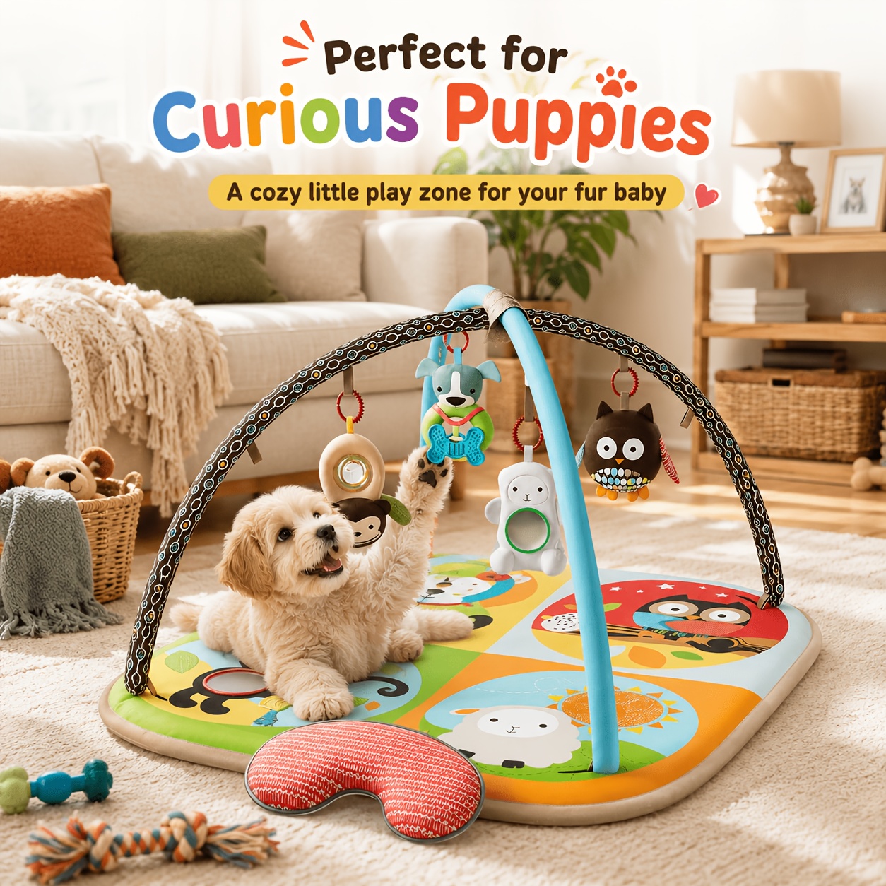 TEMU Soft Padded Dog Activity Play Gym Mat With Hanging Toys & Print Suitable For Puppies And Small Dogs, Interactive Tummy Time Mat For Sensory Fun,