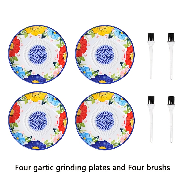 4 Sets, 4 Ceramic Garlic Plates And 4 Brushes, Household Manual Grinding Garlic Plate, Fruit And Vegetable Ginger Manual Grinder