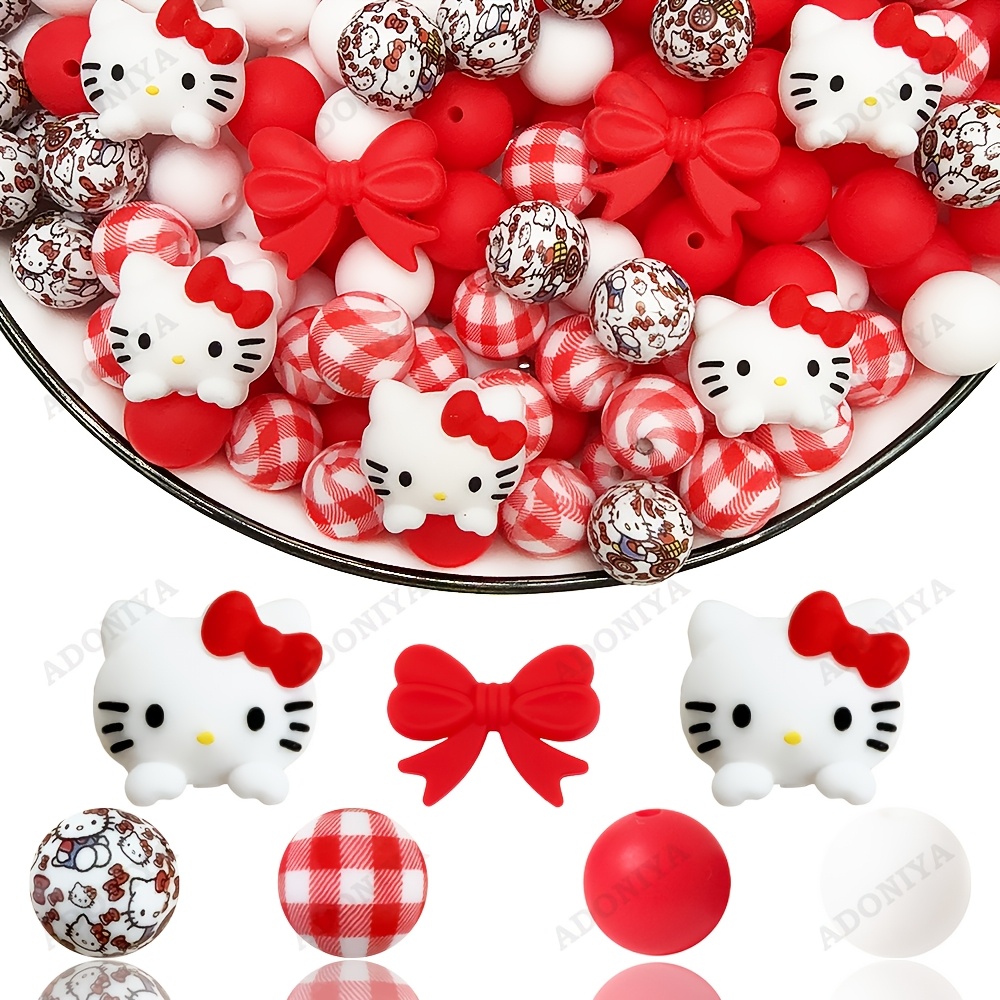 item picture 28pcs   3d   with red bow silicone bead set featuring an adorable   large     15mm   and red and white checkered print round beads   of red and white beads stylish design