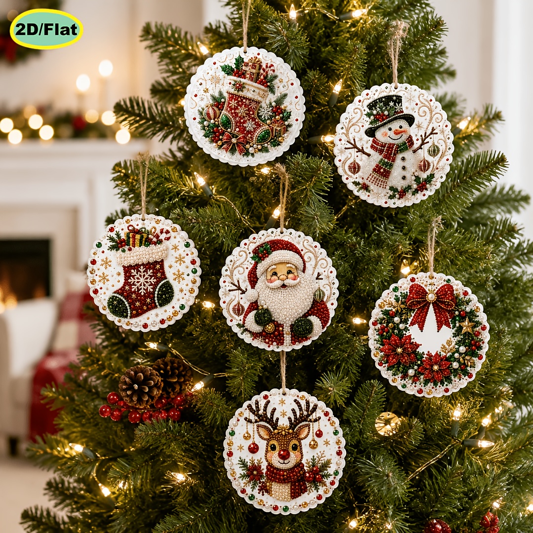 TEMU 6pcs Pearl Diamond Painting Wooden Tag Pendant Set, Christmas Theme 2d Flat High Definition Print, 3.07 Inches Full Kit Hand Drilling Material