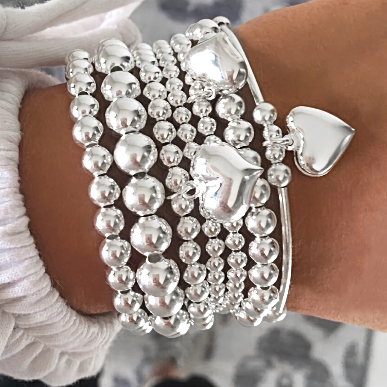 TEMU 7pcs Retro, Fashionable And Minimalist Ccb Bead Heart-shaped Bracelet Set, Featuring A Unique And Elegant Bohemian Style, In Multiple Layers,
