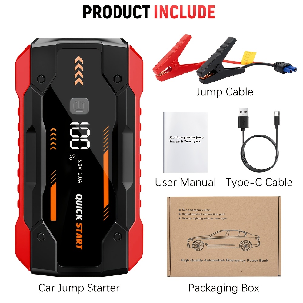 TEMU 12v Portable Car Jump Starter, 28000mah Battery Jumper Starter, Jump Battery Pack (up To 7l Gas Or ) With Dual Usb Input/output, Emergency Led