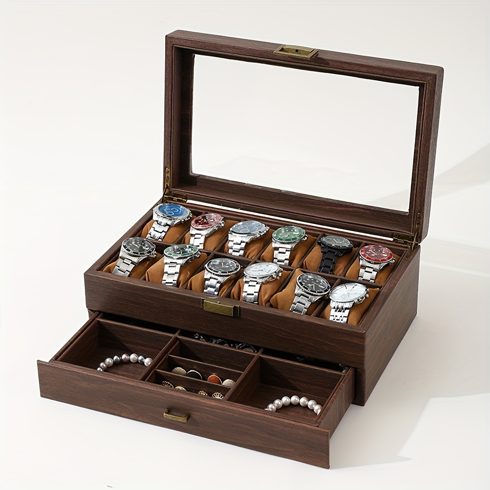 

Vintage Wood Grain 12-slot Watch & Jewelry Organizer - Double Layer Display Case With Clear Glass Top And Accessory Drawer