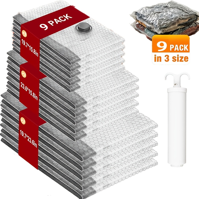 9pcs Set – Vacuum Storage Bags With Manual Pump. Prevents From Scratching Clothes Or Luggage, With Protective Function. Super Convenient Vacuum Compression Bags Are In Large, Medium, And Small Sizes