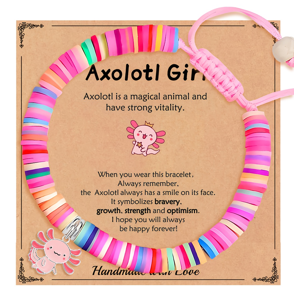 TEMU Cute Axolotl Good Luck Bracelet For Daughter Granddaughter Niece Graduation Season Birthday Christmas Holiday Gift With Card Colorful Polymer Clay Bracelet Handmade Bracelet Adjustable Size