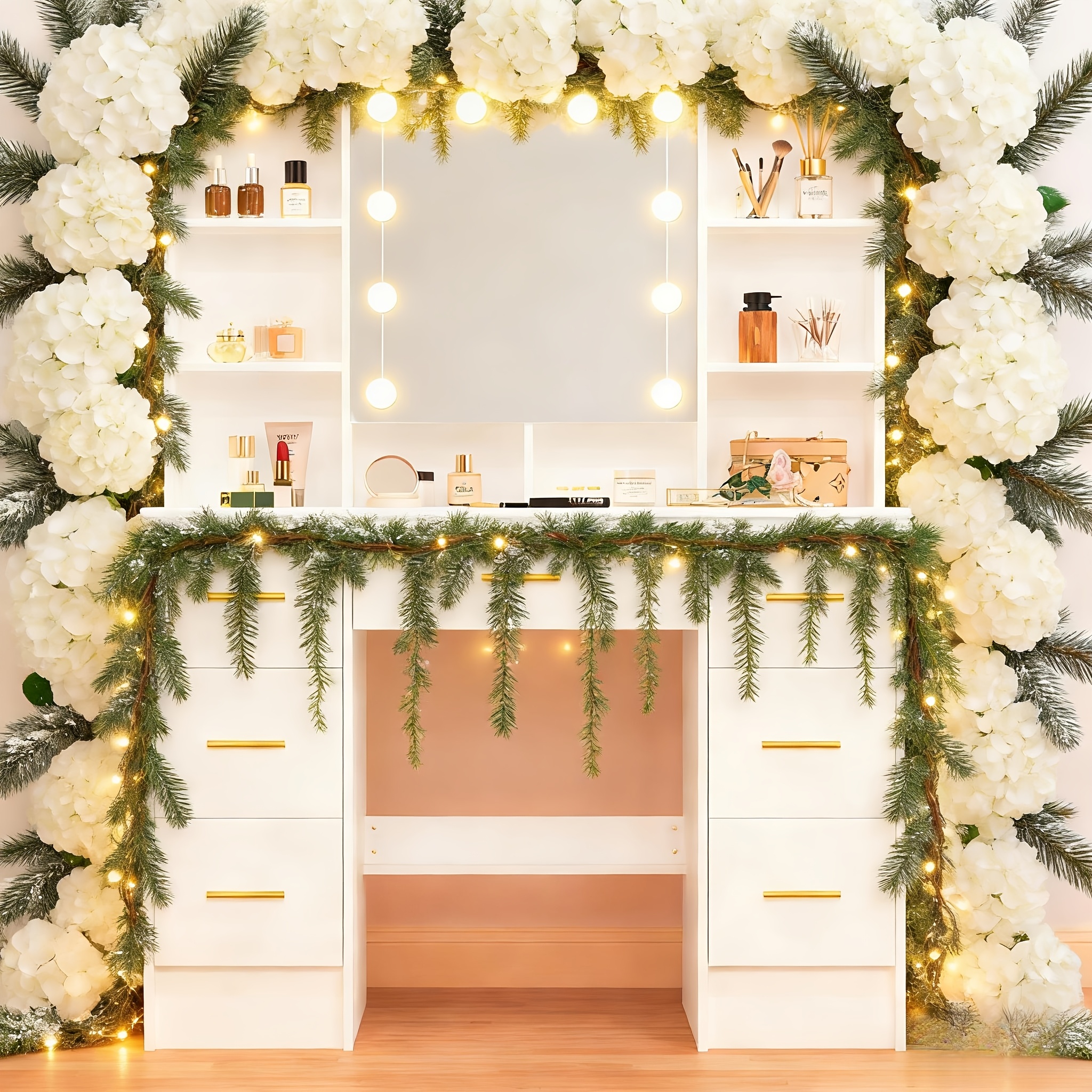 Makeup Vanity with Sliding Mirror and LED Lighting, 3 Modes