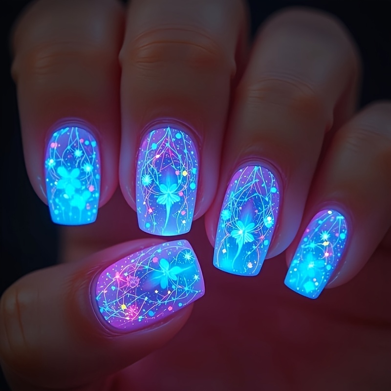 TEMU 24pcs Faux Ongles Carrés Européens Moyens, Ongles Pressés Bleu Éblouissant, Autocollants de Manucure Brillants, Faux Ongles Amovibles