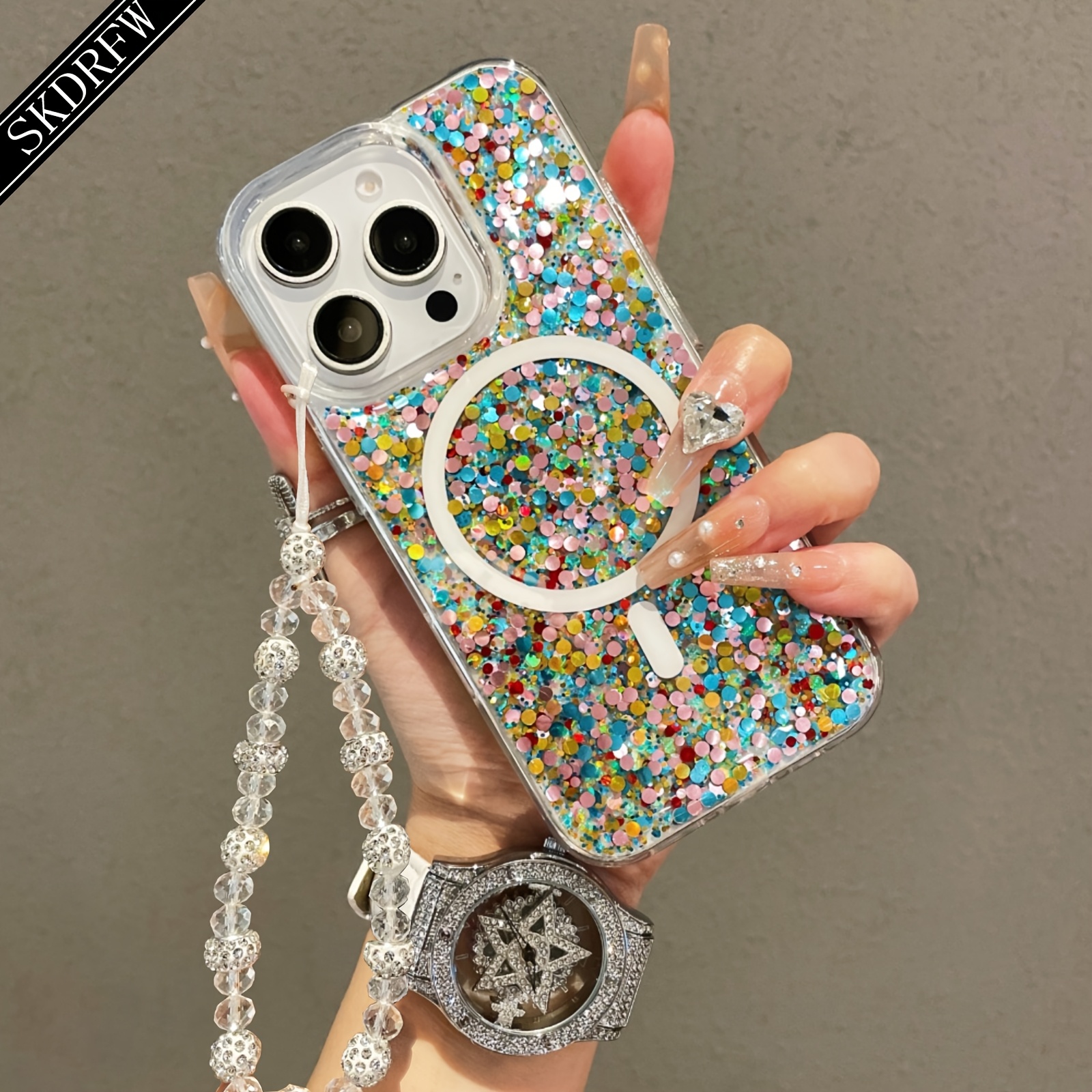 TEMU Phone Case: Luxury Glitter Epoxy Magnetic Phone Case With Rhinestone Bead Bracelet, Compatible With Iphone 16/16 Pro/16 Plus/16 Pro Max, Pro/15