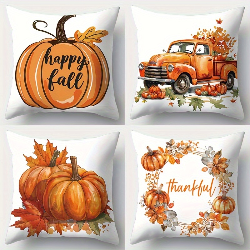 TEMU Ensemble de 4 housses de coussin pour Thanksgiving avec de citrouilles et de couronnes de voiture, parfaites pour les salons, , les canapés et