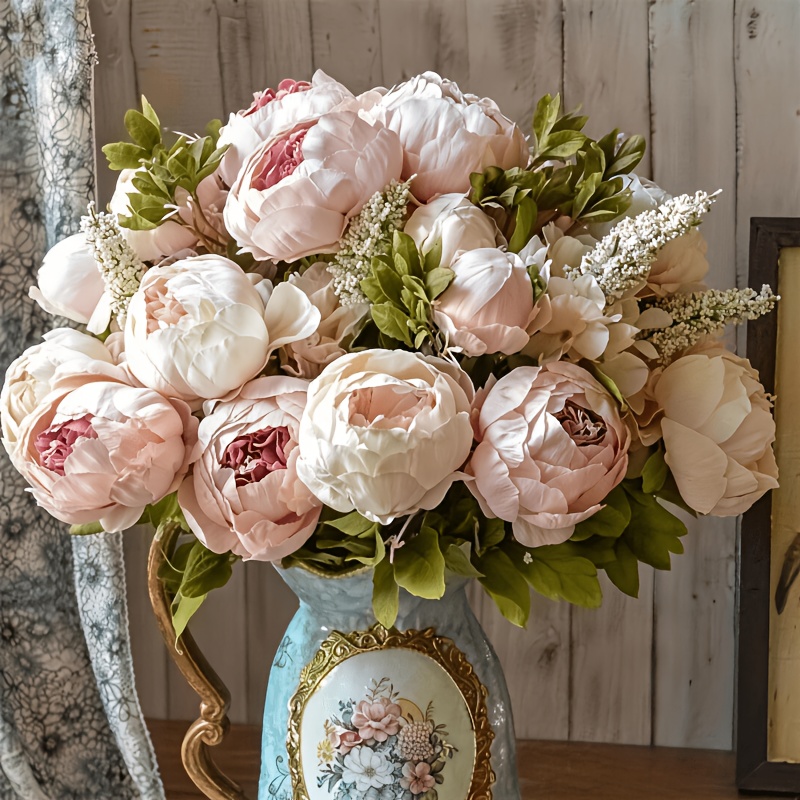 13pcs bunch artificial peony bouquet with pink red and green foliage realistic large   for indoor outdoor wedding thanksgiving christmas and winter decorations durable plastic flowers no maintenance required elegant table centerpiece