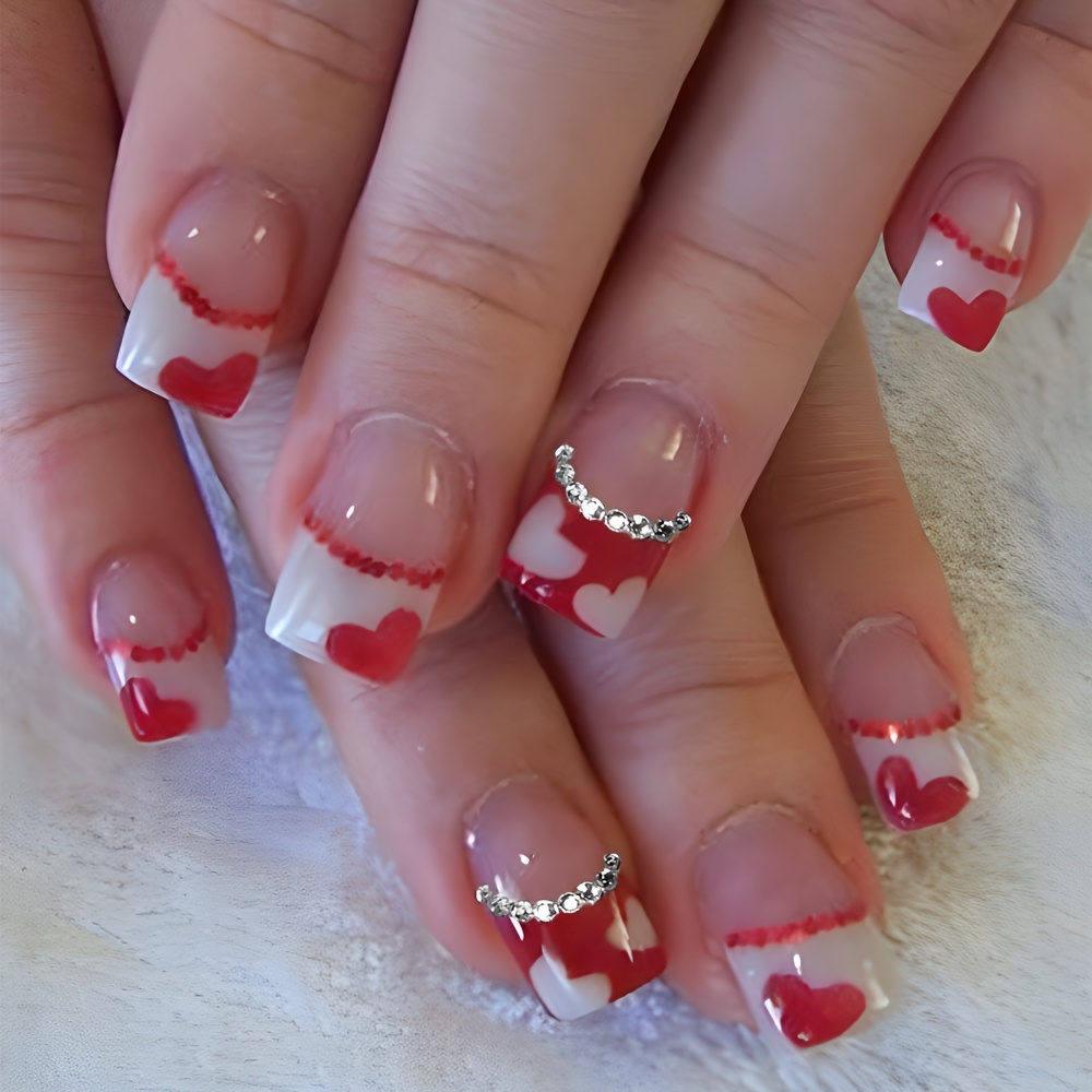 

Valentine's Day French Heart-shaped Art, 24pcs Of Square Red And -shaped Pattern Fake Nails, Suitable For Girls' On Holidays, Sweet, Simple And 's Day Wearing Nail Pieces