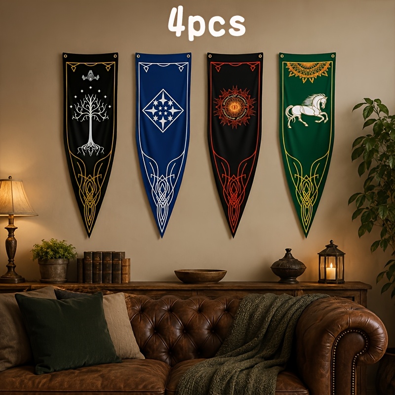TEMU 4pcs Pennant Flags, Gondor White Tree, Rohan White Horse, Sauron Eye Decor Banners, Medieval Fantasy Wall Hangings For Home Bedroom Living Room,