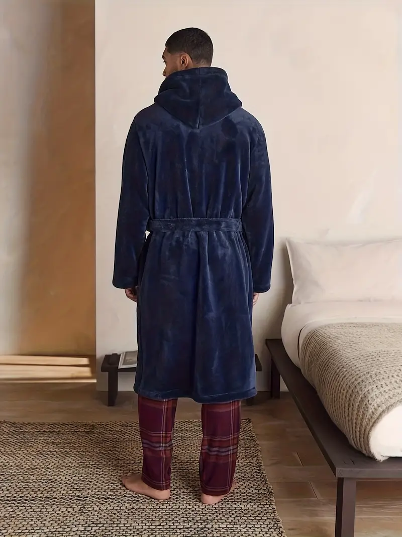 long hooded dressing gown mens Men Hooded Velvet Fleece Long Bathrobe Navy Blue / XX-Large-3X Large