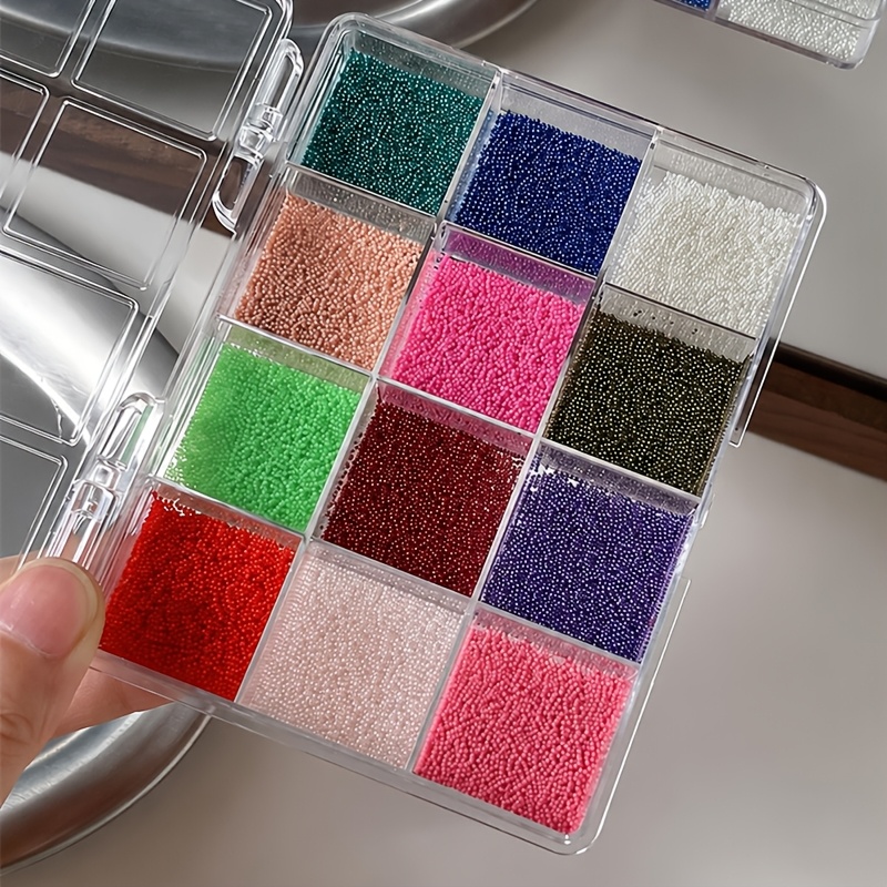 TEMU 12-kleuren Caviar Micro-Bead Nageldecoratie, Mini Ronde Kralen met 12-Slot Opbergdoos, Kleurrijke 3D Nagel Design Toevoegingen