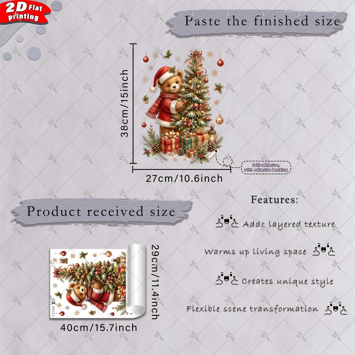 TEMU 2d Flat, 1pc 2d Flat Printing Christmas Teddy Bear Christmas Tree Gift Box Snowflake Lantern 30*40cm Window Sticker, Diy Removable Double-sided