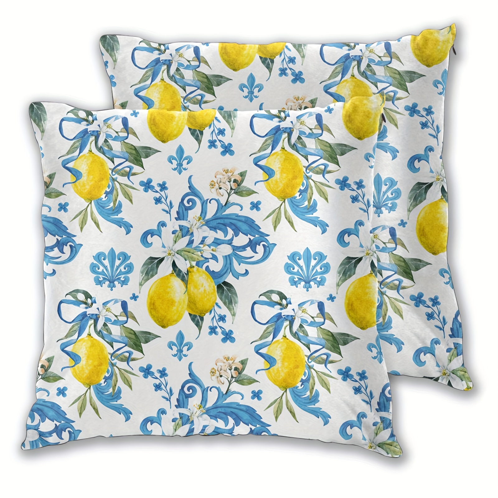 

2pcs Short Plush Blue Lemon Pillow Cover 18x18 Inch Decor Farmhouse Seasonal Pillow Case Decorations For Home Sofa Couch