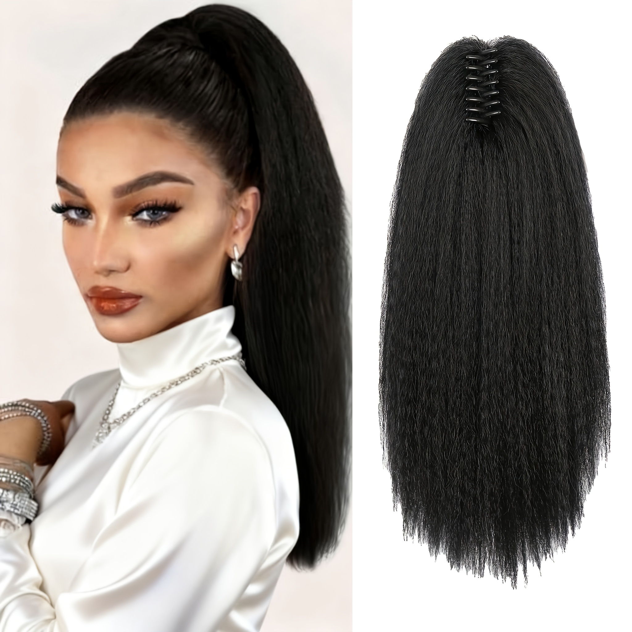 Image of 16 Inch Kinky Straight Ponytail Extension For Women Black Pony Tails Fluffy Synthetic Clip In Ponytail Hair Extensions Claw Clip On Ponytails For Women (16", 1b) Halloween Christmas