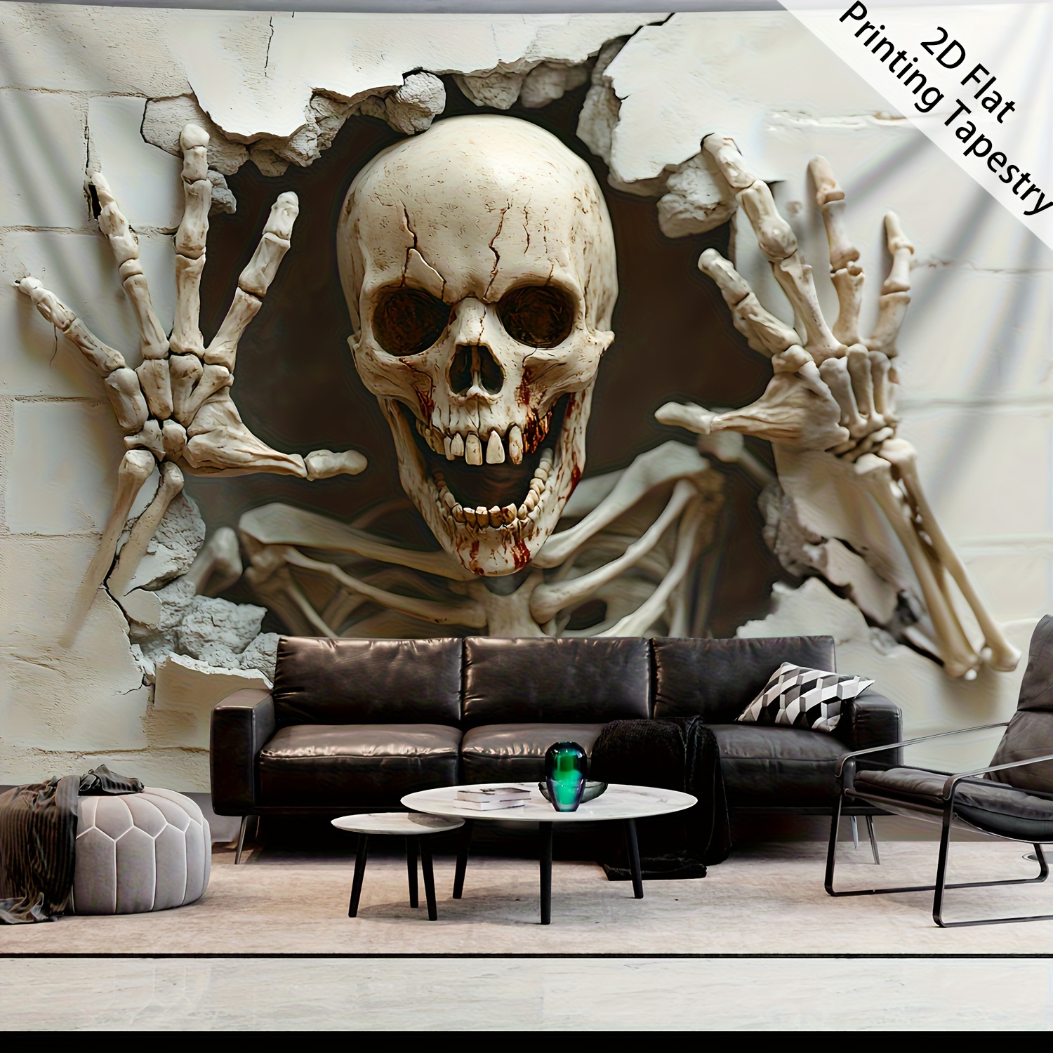 Image of 2d Flat, [ 2d Flat Printing] 1pc- Ultra Large Size- Halloween Skeleton Hole Wall - Hd Digital Printing Huge Tapestry- Polyester- Home Decoration- With Free Hanging Clips, 2d Flat