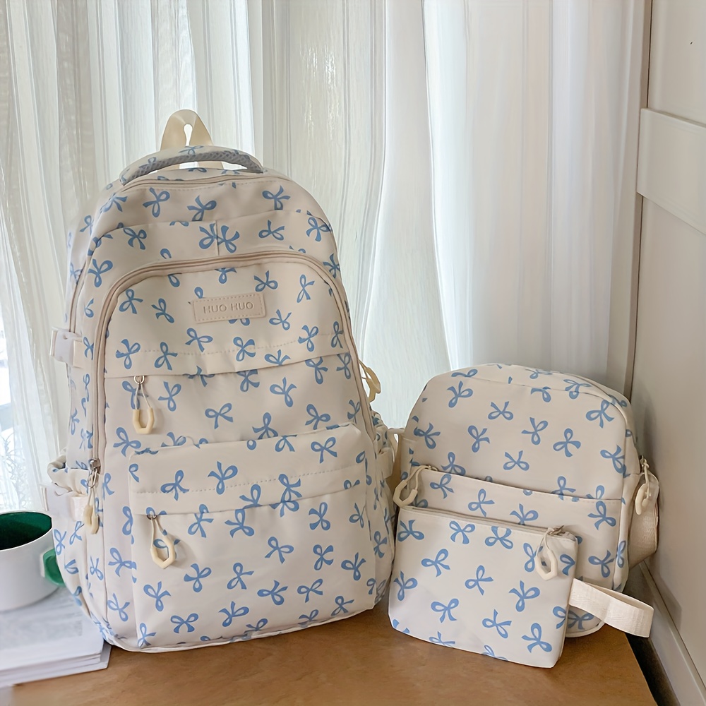 TEMU Women Bag Set, All Over Bow Print Backpack 3pcs Set Nylon Casual Daypack Matching Crossbody Pouch Coin Purse Large Capacity Multi Compartment