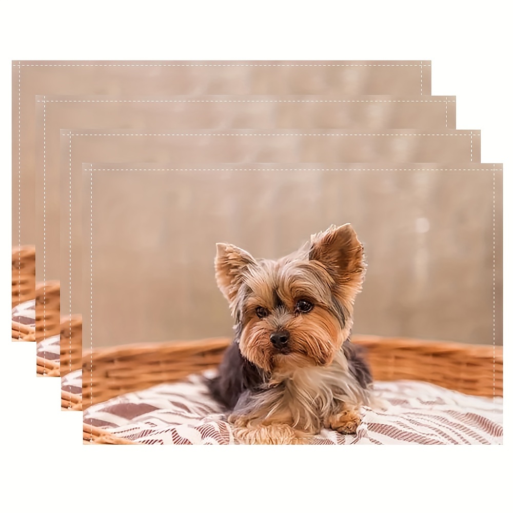 

Set Of 4 Woven Linen Place Mats - Machine Washable, Rectangle Yorkshire Terrier Dog Design Table Mats For Kitchen & Dining Room Decor, 12x18 Inches - Sallun-3825