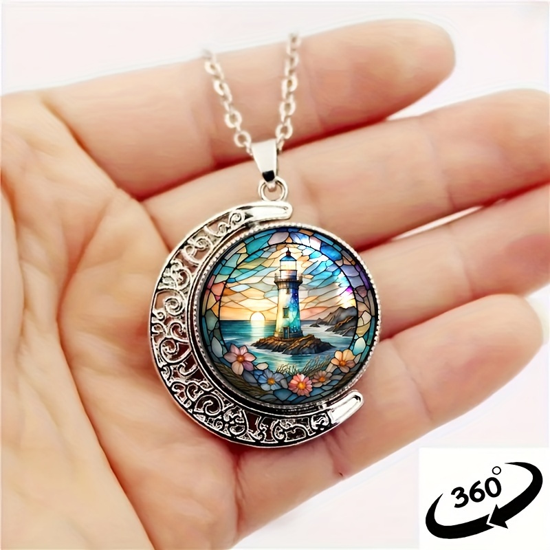 

1 Elegant And Fashionable Lighthouse Patterned Glass Alloy Rotatable Pendant Necklace, Party Gifts And Birthday Celebrations