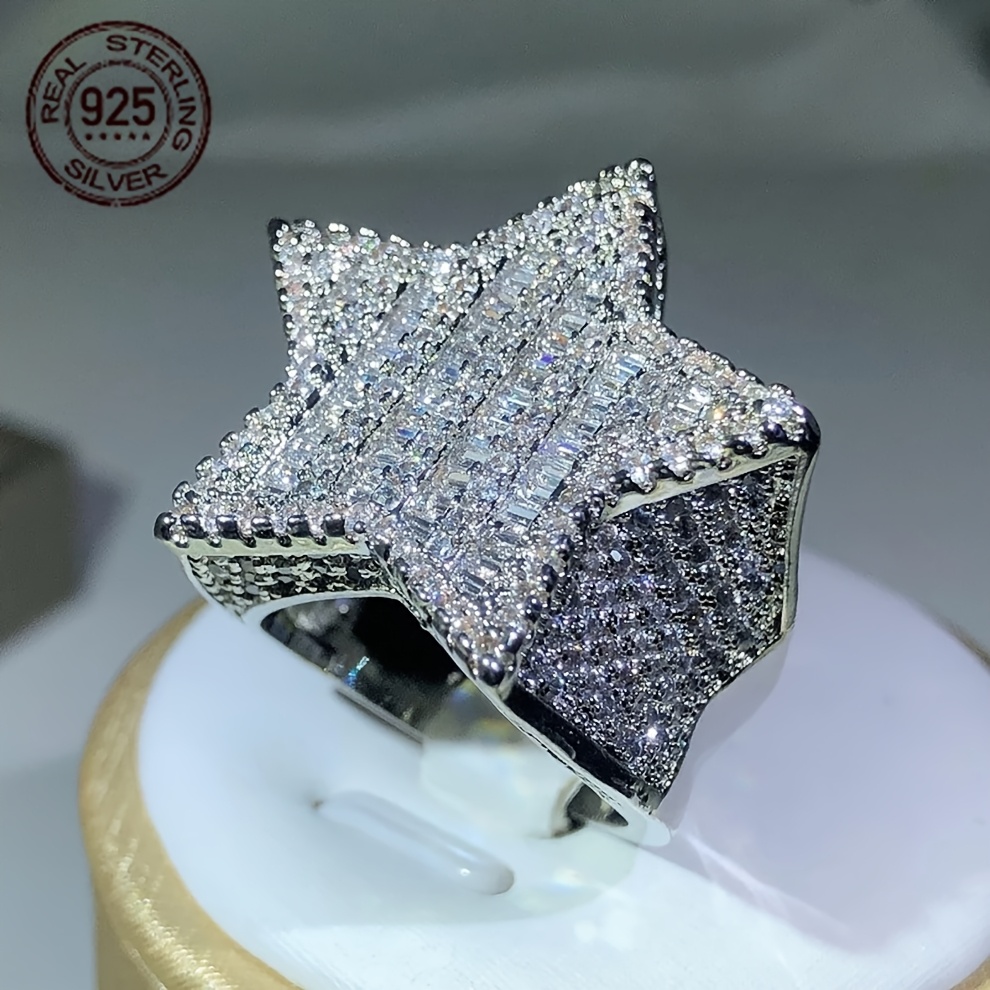 Luxury 925 Sterling Silvery Ring Ice Out Sparkling Zirconia Rappers HipHop Ring Star Shape Rings For Men Exaggerated Jewelry