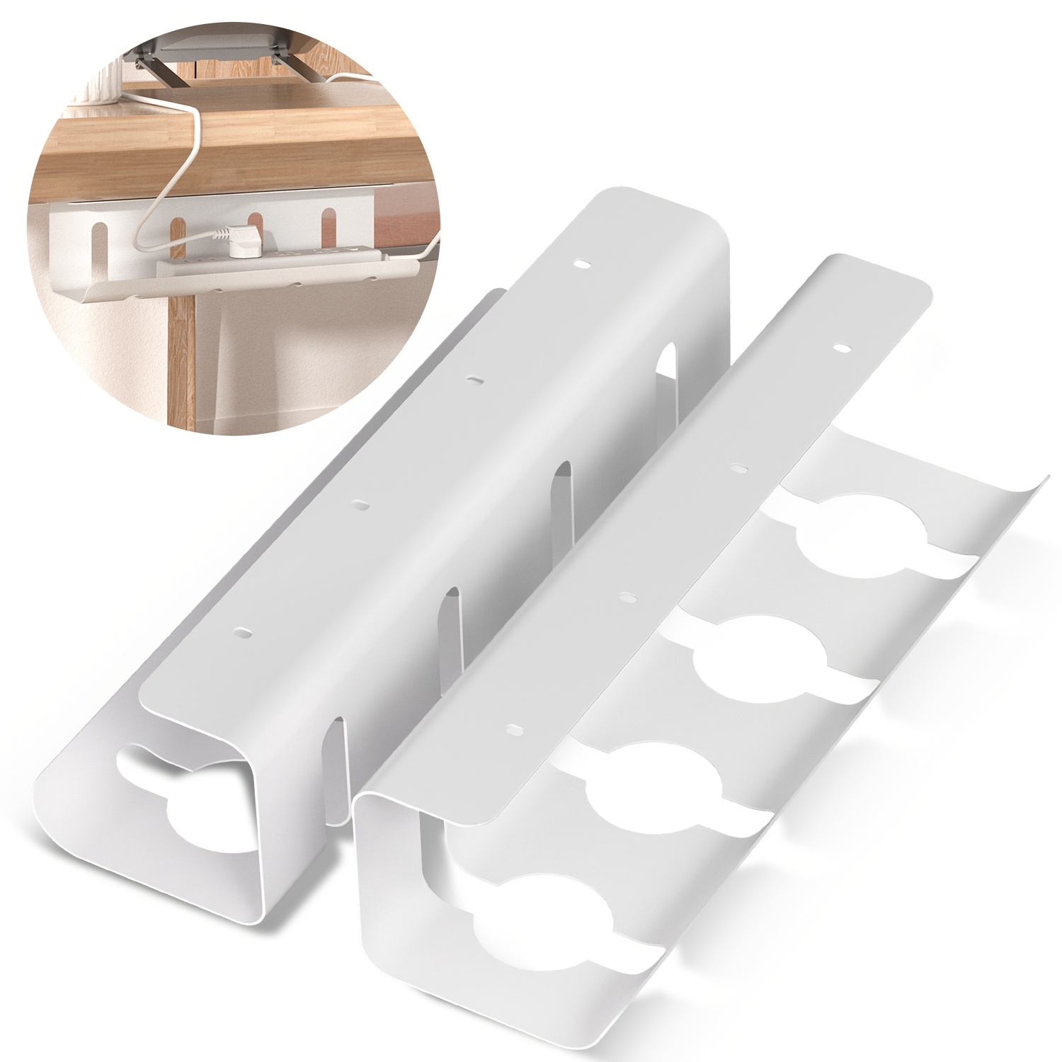 Image of 2pcs Cable Organizer, Cable Management, Steel Cable Tray With A Weight Capacity Of 5 Kg, Includes Tape And Screws, Suitable For Desktop Cable Management, White