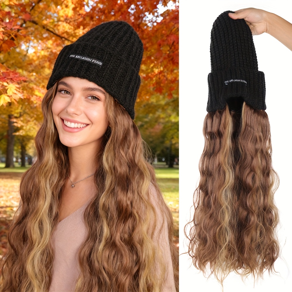 TEMU Women's Long Curly Wave Synthetic Wig With Black Elastic Knitted Cap - High Temperature Fiber, Density, Look For Daily Wear In Autumn And Winter