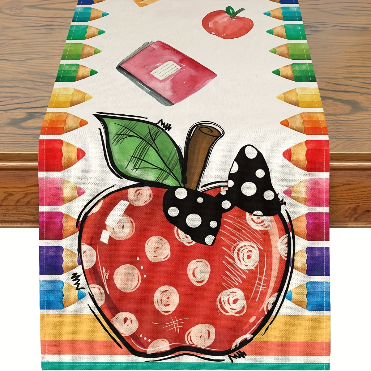 TEMU 1pc, Back To School Decorations, Apples Colorful Crayons Pattern Table Runner, Long Back To School Theme Table Runner For Indoor, Classroom