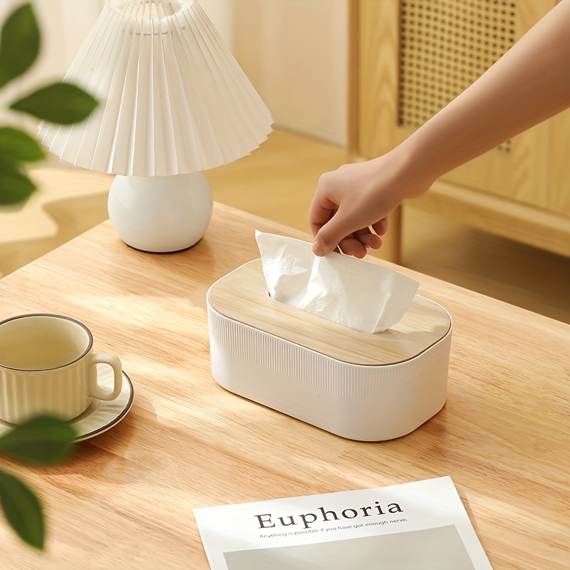 modern white black tissue box with lid durable plastic rectangular storage organizer with rounded edges decorative lid open   for bathroom living room office multi purpose napkin tissue storage space saving   decor in black white or brown compatible with tissues fits dressing table countertop decorative tissue box holder Product details 1