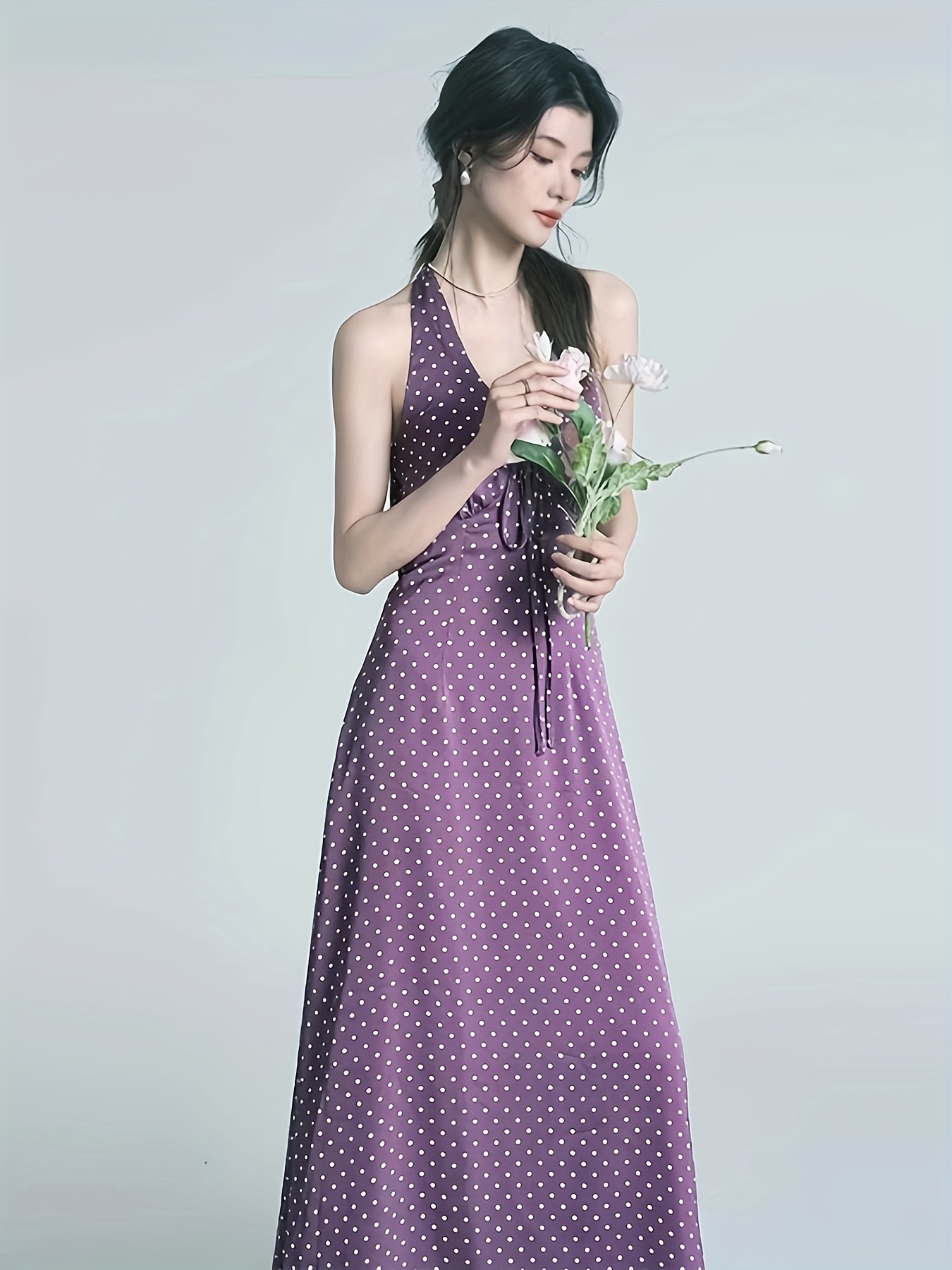 strapless open back dress Purple and White Polka Dot Dress