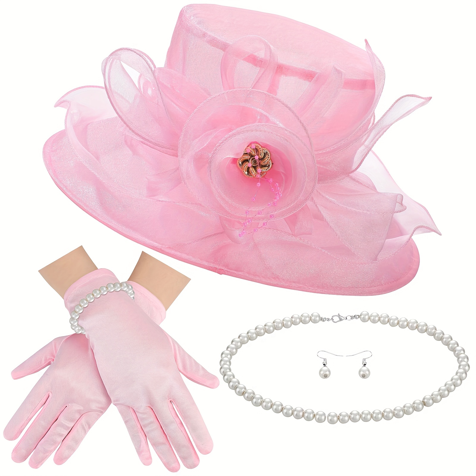Derby Hat Set 5‎ Pc Hat, Gloves, Earrings, Necklace, Bracelet Tea Party tea party hat and gloves set - TikTok Shop main image 3