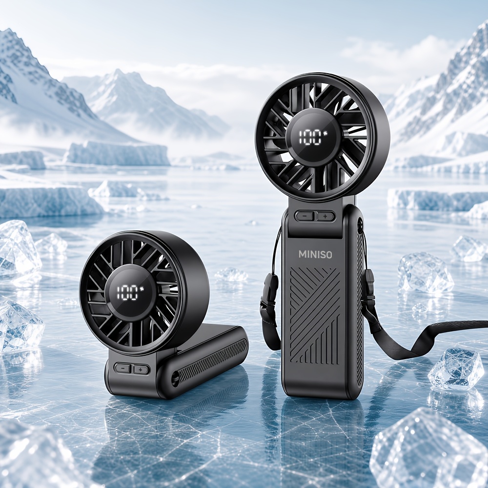 Image of Miniso Portable Handheld Lanyard Turbo Fan High Speed Mini Fan With Lanyard, 3600mah Rechargeable Personal Desk Fan With Led Display, 3in 1 Foldable Fan For Shopping., For Outdoor Camping Travel