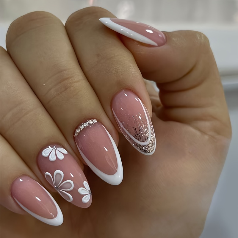 

30pcs Luxury Shaped Press-on Nails Set, Mixed Color Floral And Glitter Design, Short Length, Removable French Manicure Fake Nails With Rhinestones