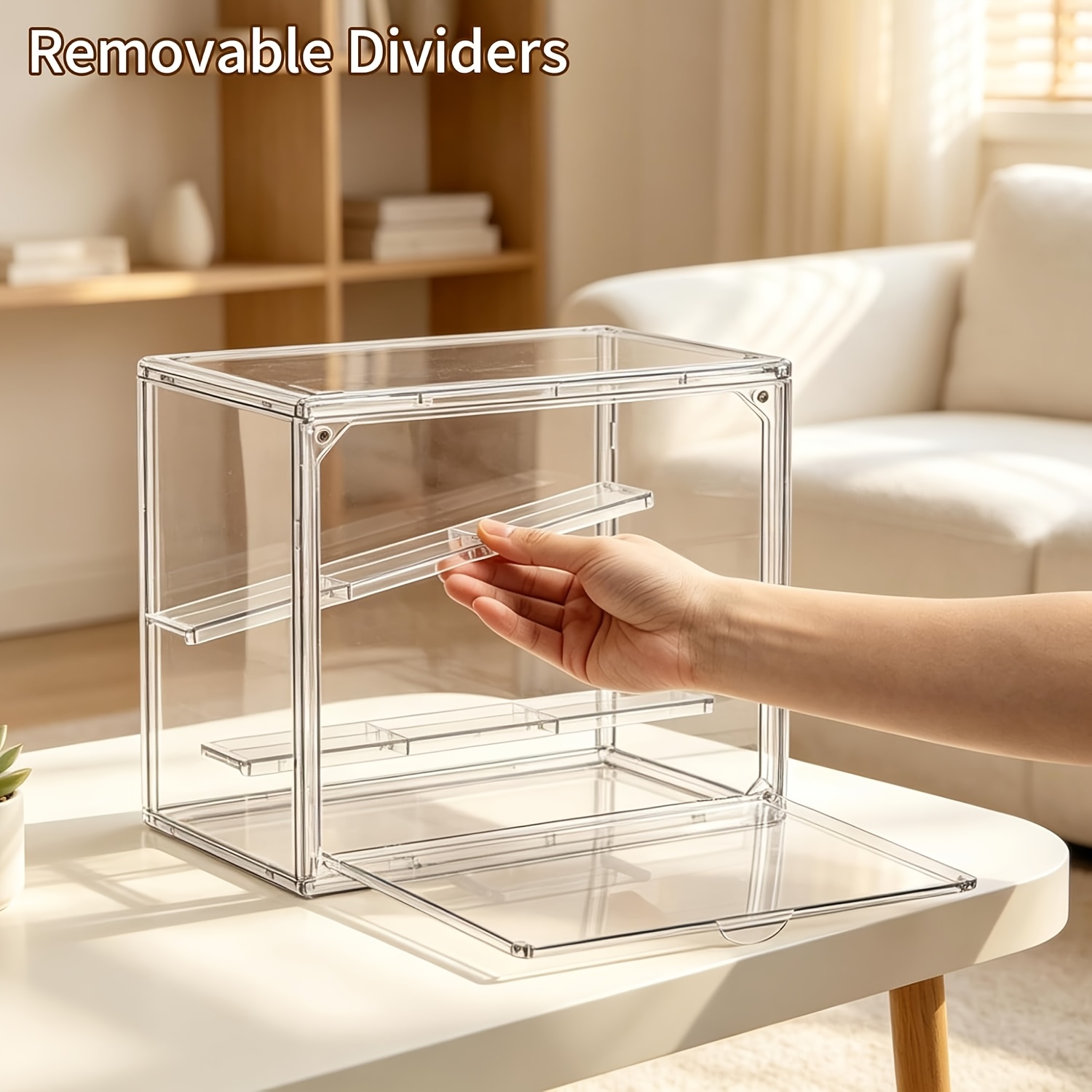 TEMU Clear Acrylic Display Case With Magnetic Door And 2 Removable Dividers, Stackable Dustproof Transparent For Figures, Collectibles, Blind Box