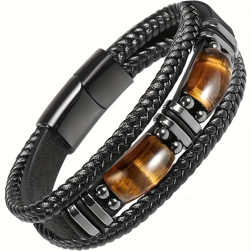 Braided Leather Bracelet For Men - Double Row Genuine Leather With Magnetic Clasp - Gift For Dad, Boyfriend, Husband