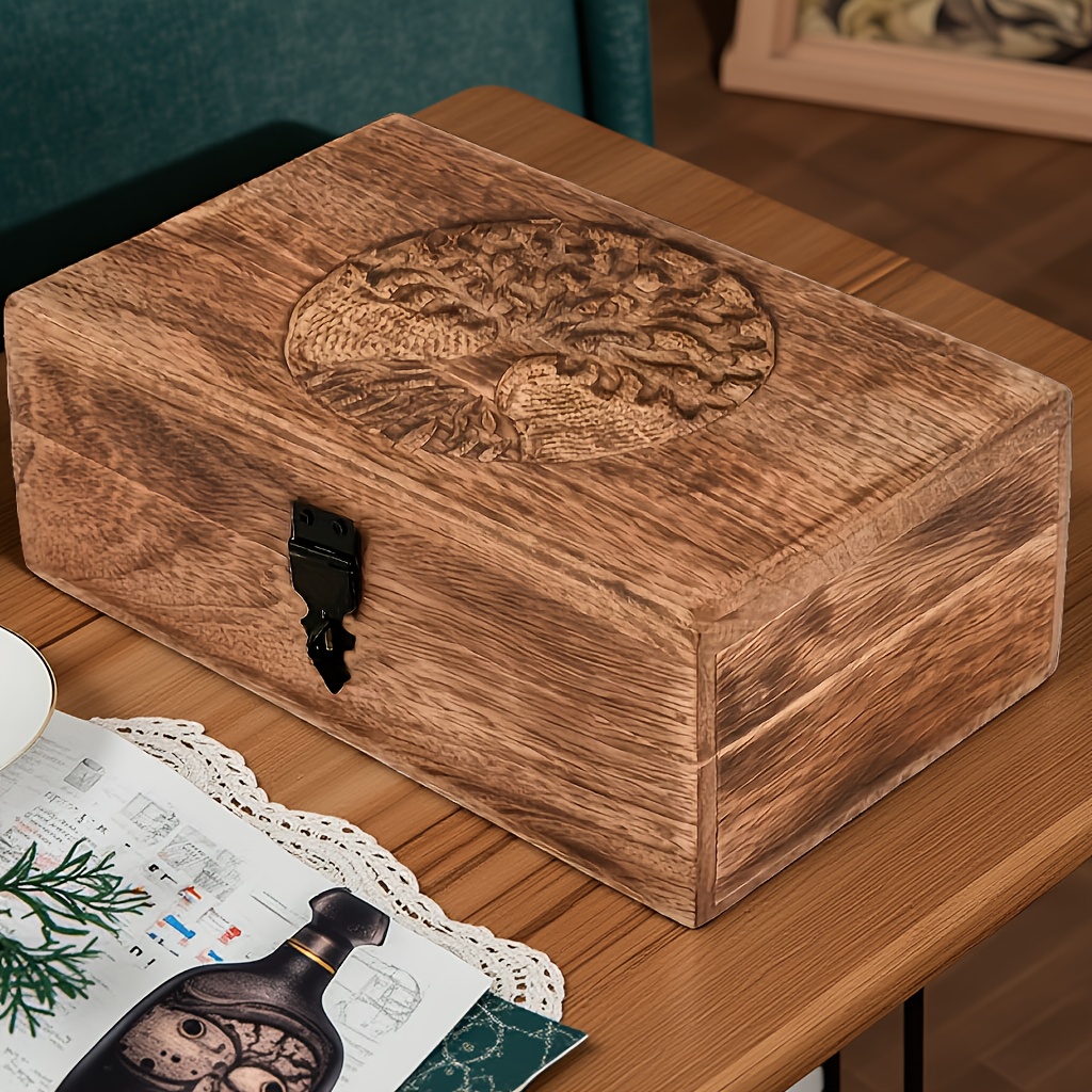 TEMU Vintage Wood Jewelry Box For Dorm Room - Tree Of Life Engraved Storage Box For Earrings, Necklaces & Trinkets, Perfect Back To School Gift For