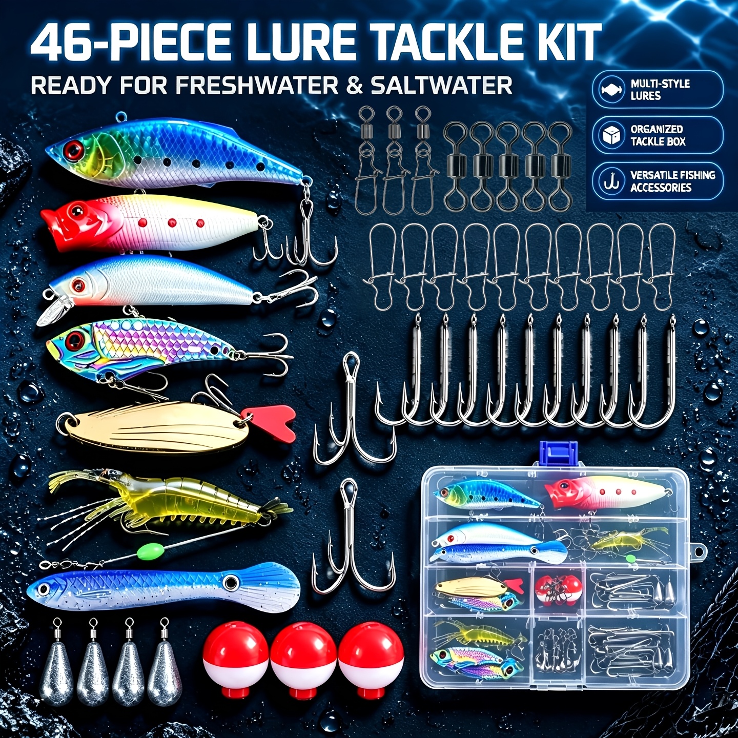 TEMU Lure Bait Combination Set, Includes Minnow Hard Bait, Spinner, Metal Spoon, Realistic Shrimp-shaped Soft Bait, T-type Soft Bait, Hooks, ,