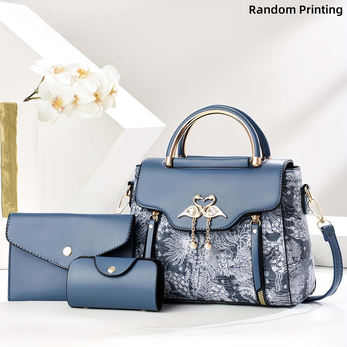 3pcs Women's Handbag Set, Swan Decor Top-Handle Tote Bag with Card Holder &amp; Purse, Elegant Crossbody Shoulder Bag, Pink Synthetic Leather &amp; Letter Print, Casual &amp; Party Use image 6