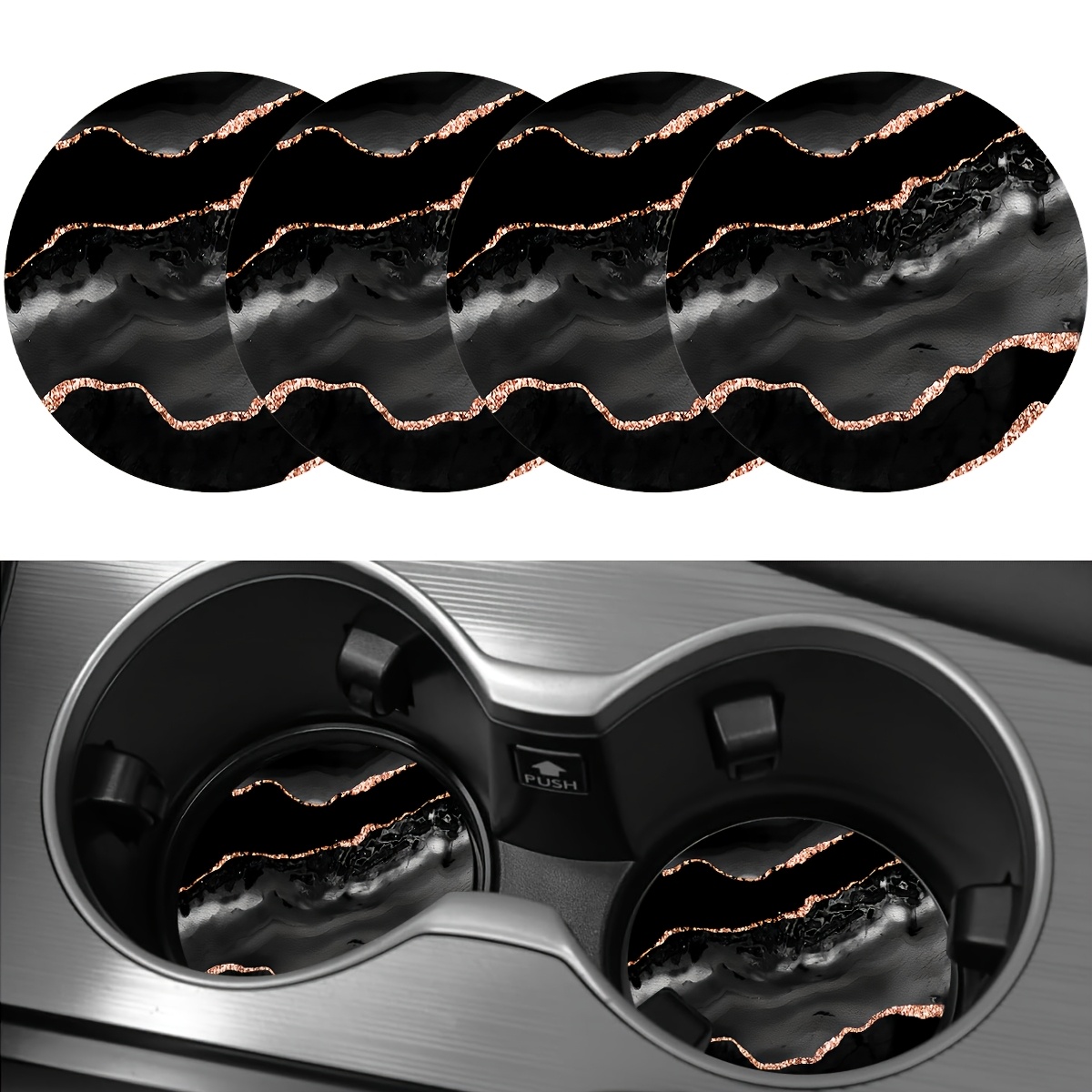 TEMU 4pcs Black Marble And Rose Golden Abstract Patterned Car Coasters, 2.75-inch Round Pu Leather Decorative Car Coasters, Household And Car Water